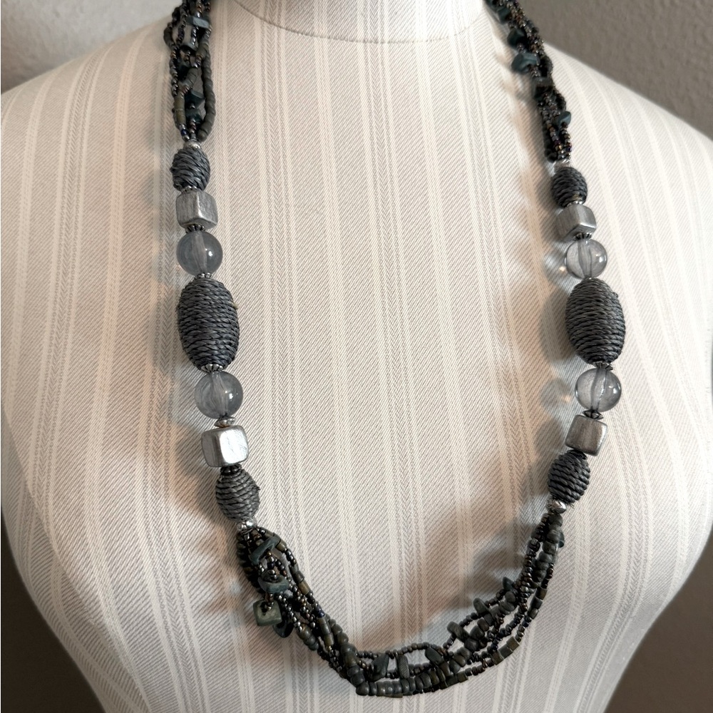 Vintage Blue Gray Mixed Media Woven Beaded Chunky Statement Necklace 29”